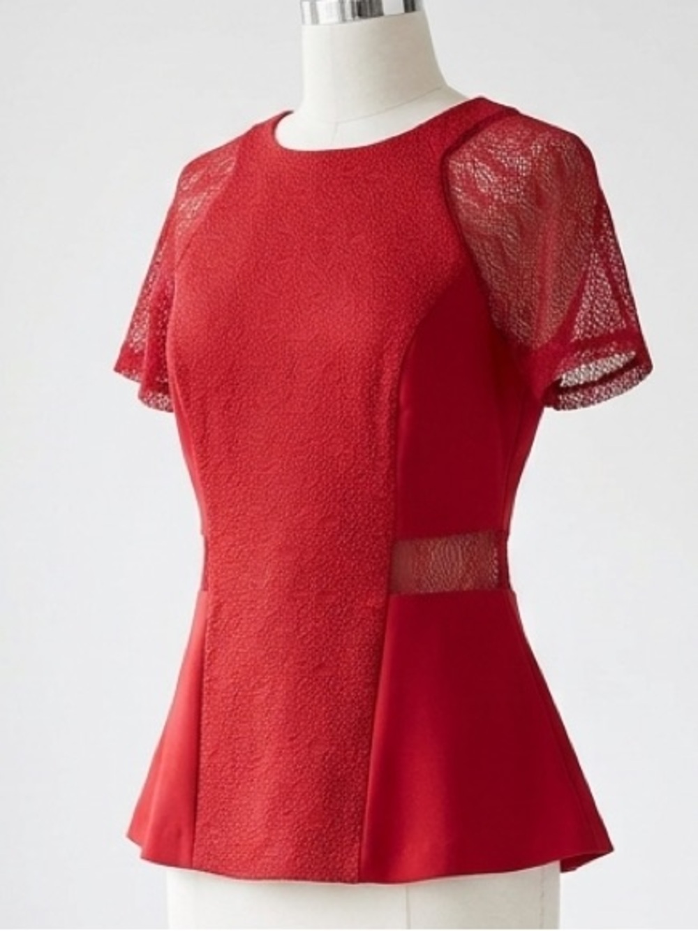 Dynamite| Red Lace-Trim Short Sleeve Peplum Top Blouse w/Back Zipper Sz M